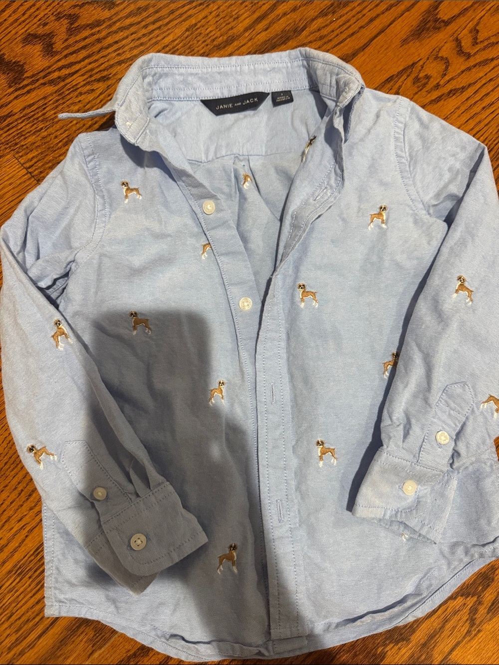 Janie and Jack Light Blue Button-Down Shirt with Embroidered Dogs